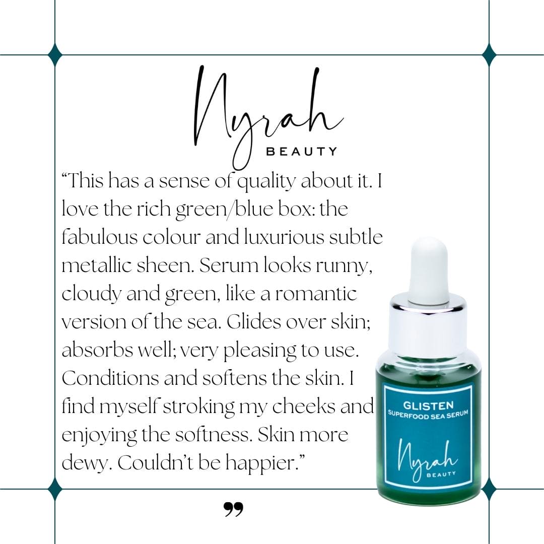 free from silver award winner TREATMENT: GLISTEN - Seaweed + Avocado Superfood Peptide Rapid Plumping Serum - Nyrah Beauty