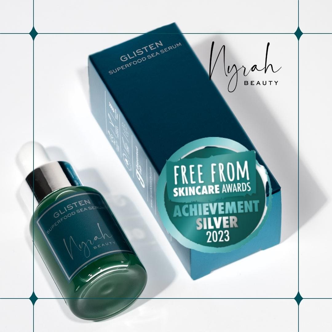 free from silver award winner TREATMENT: GLISTEN - Seaweed + Avocado Superfood Peptide Rapid Plumping Serum - Nyrah Beauty