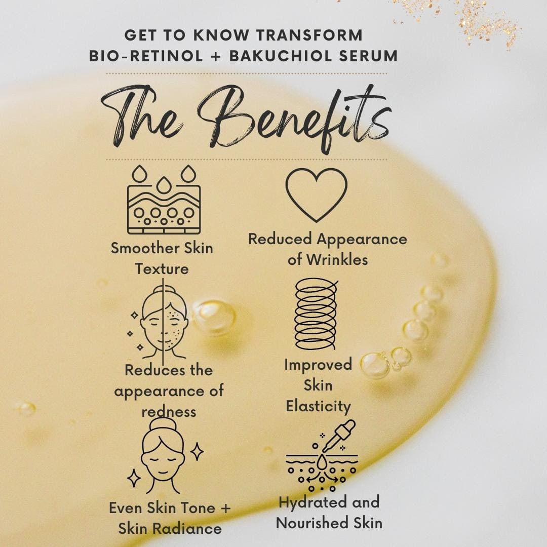 BENEFITS OF TREATMENT: TRANSFORM - bioRetinol + Bakuchiol Serum - Nyrah Beauty