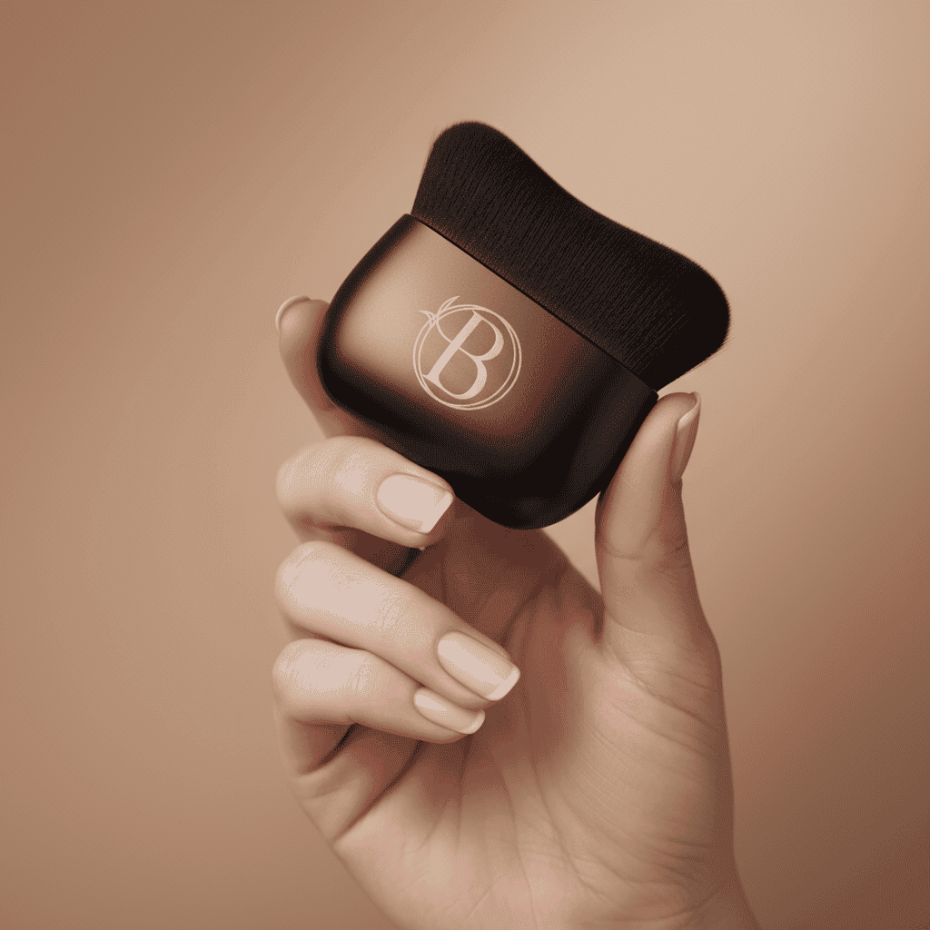 Hand holding a brown makeup brush with a black bristle head against a beige background