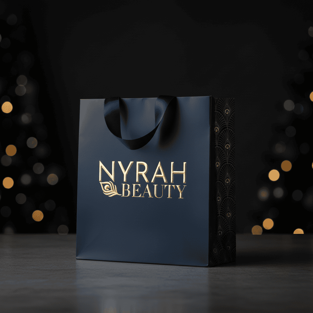 Nyrah Beauty bag with a dark background and blurred lights
