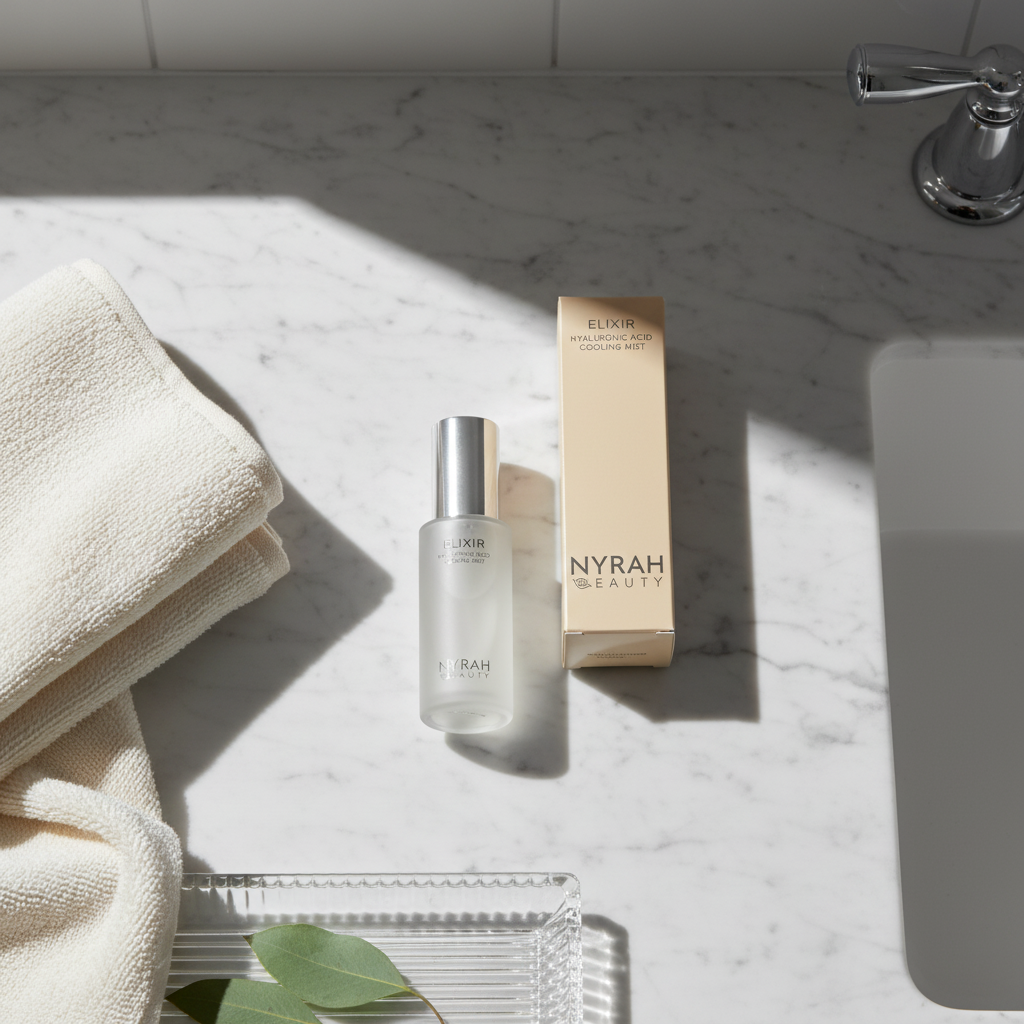 Nyrah Beauty ELIXIR product on a marble surface with a towel and leaves.