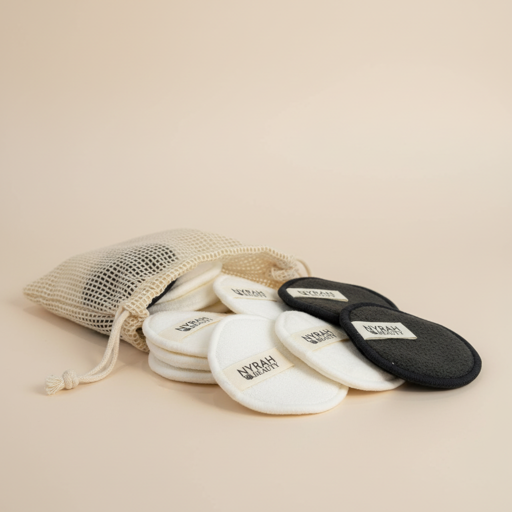 Reusable makeup pads with a mesh storage bag on a beige background