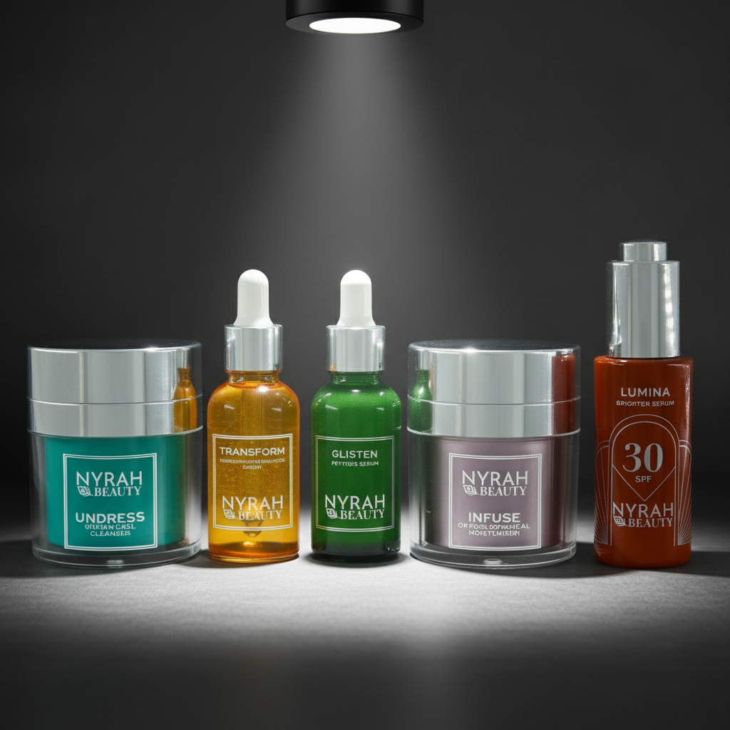 Collection of Nyrah Beauty skincare products on a dark background