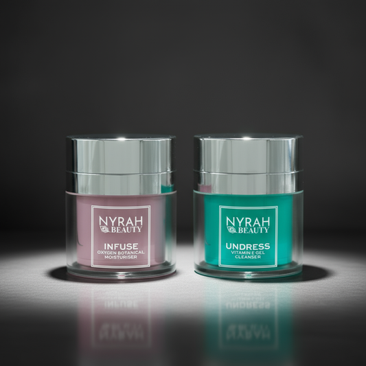 Two Nyrah Beauty skincare products on a dark background