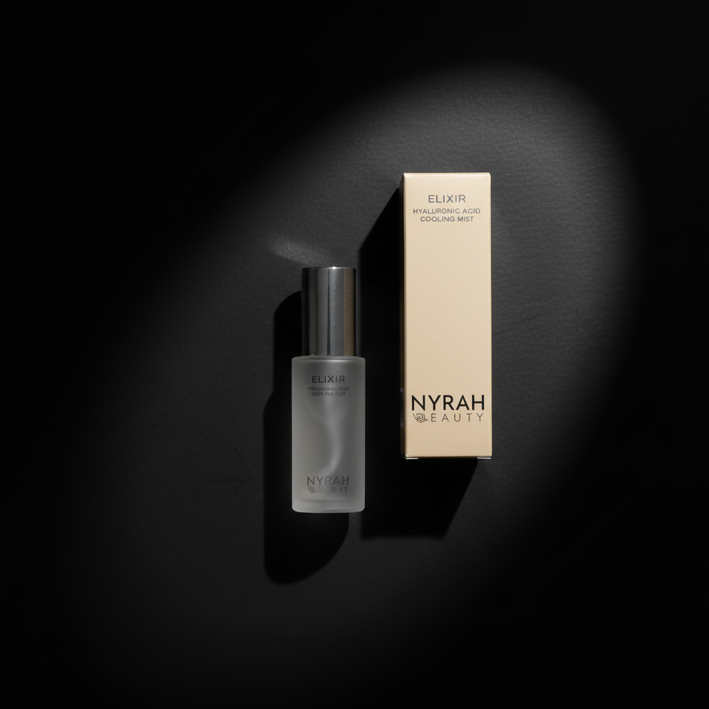Nyrah Beauty Elixir bottle and packaging on a dark background
