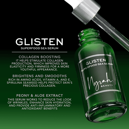 NYRAH BEAUTY glisten green serum 30ml INFO CARD