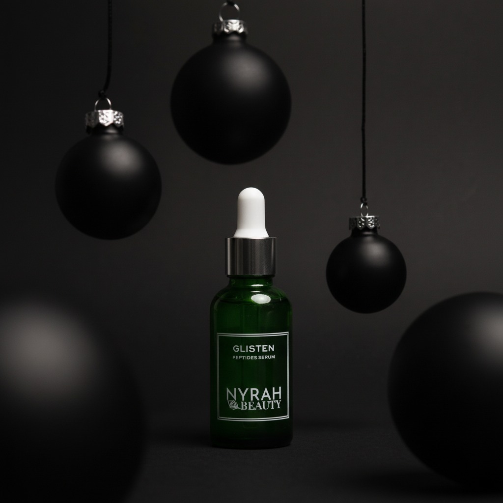 Nyrah Beauty green serum 30ml bottle with black Christmas ornaments on a dark background