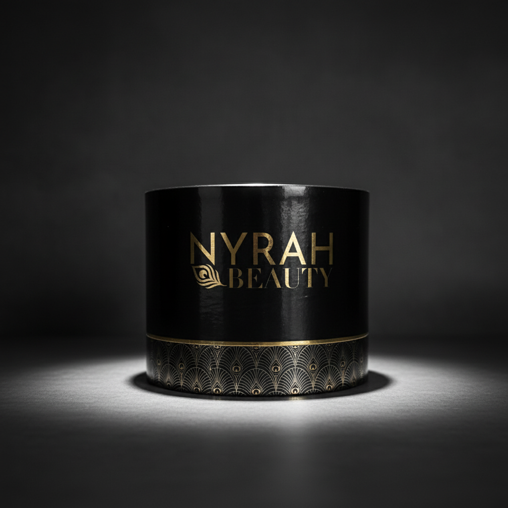 Black container with 'Nyrah Beauty' logo on a dark background