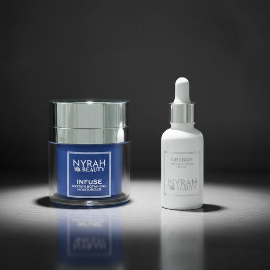Nyrah Beauty skincare products on a dark background