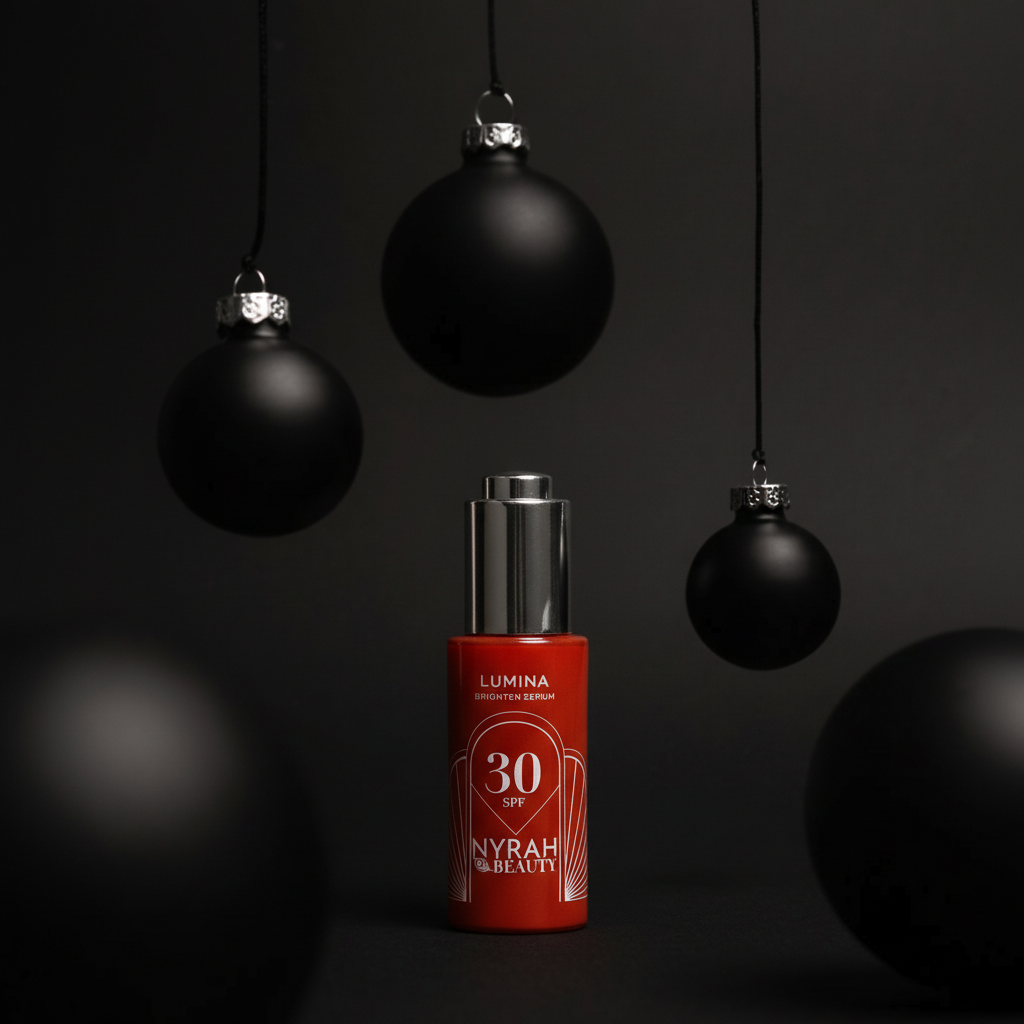 Red skincare bottle with black ornaments on a dark background