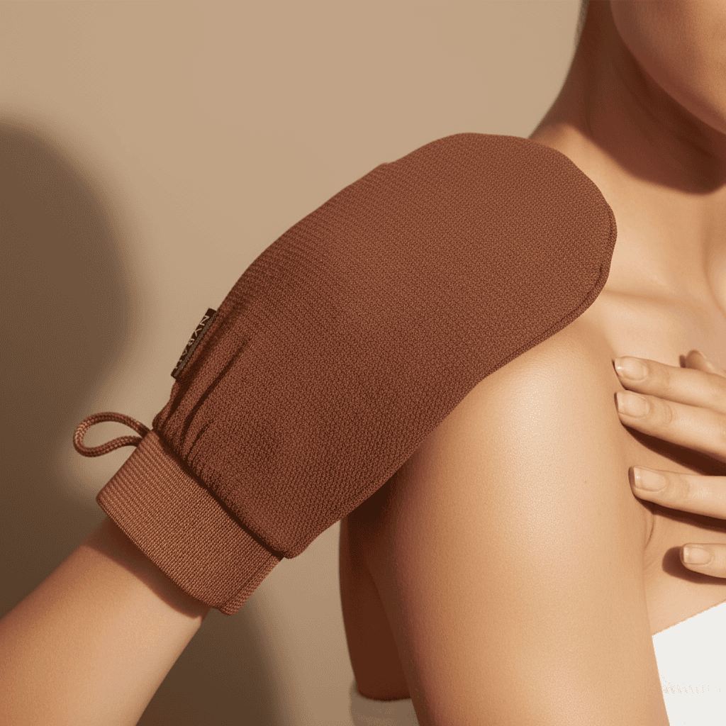 Brown exfoliating glove being used on a person's shoulder against a beige background