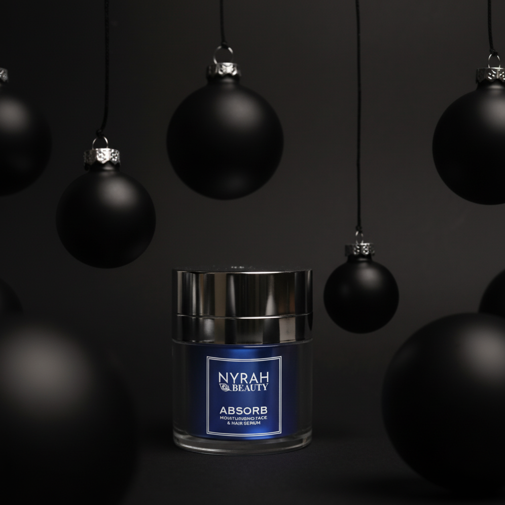 Nyrah Beauty Absorb purple airless jar with black hanging ornaments on a dark background