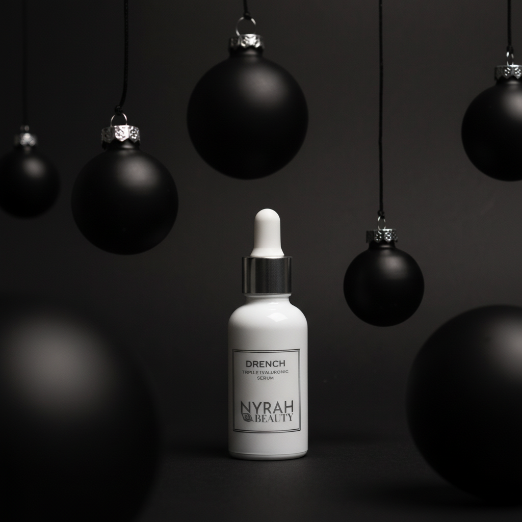 Nyrah Beauty white dropper bottle with black ornaments on a dark background