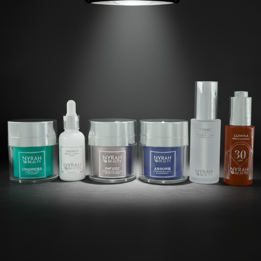 Nyrah Beauty skincare products on a dark background