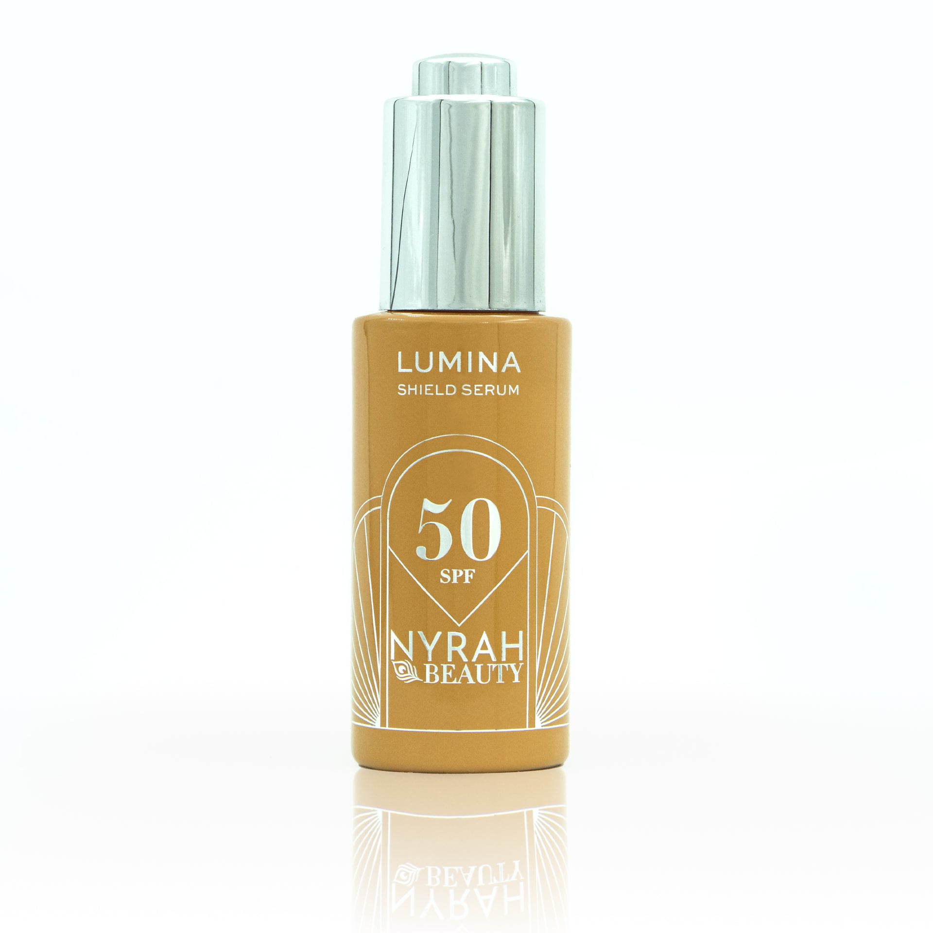 Nyrah Beauty Lumina Shield Serum bottle with SPF 50 on a white background