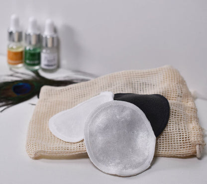 CLEANSE: Pack of 6 100% Bamboo Re-useable Make-up Removal Pads (2 of each of the three types with a cotton mesh bag.)
