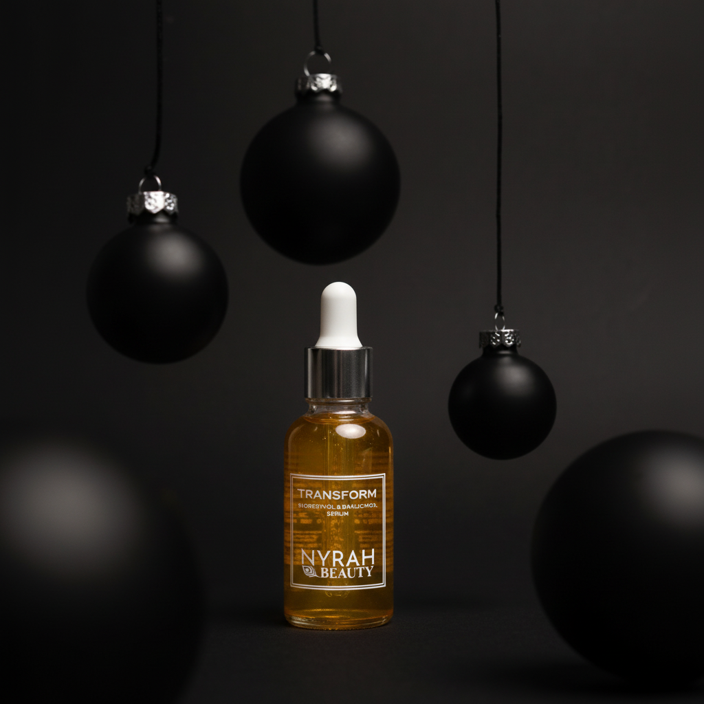 Nyrah Beauty gold serum bottle with black ornaments on a dark background