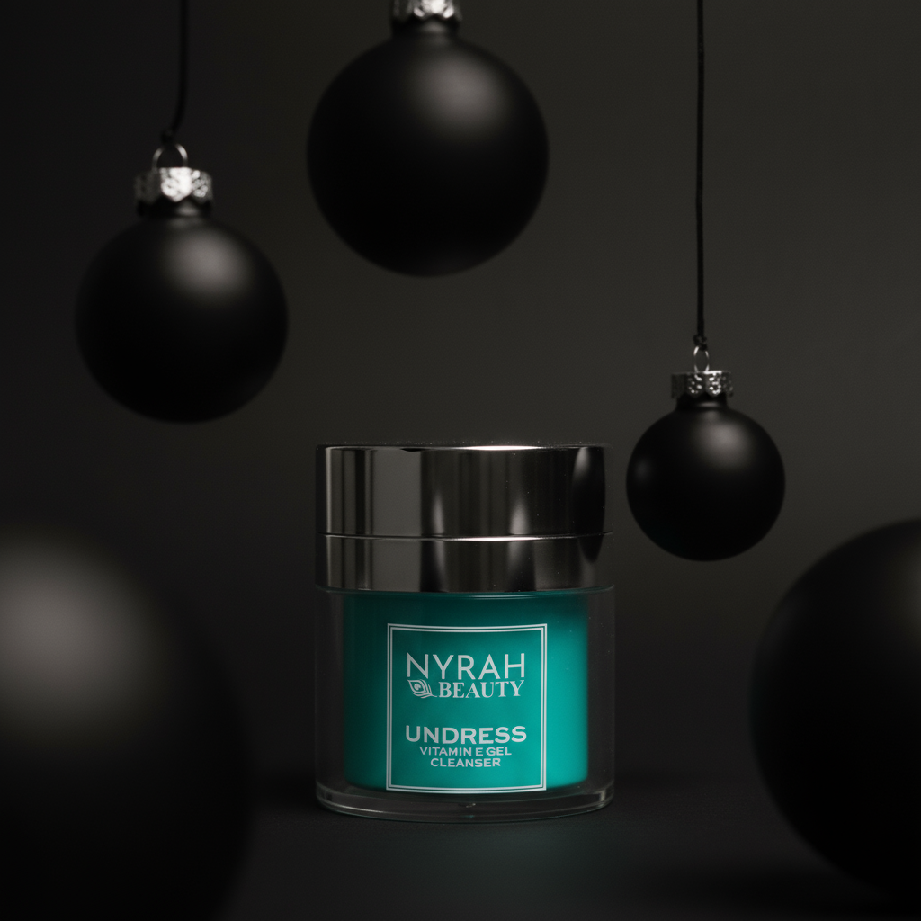 Nyrah Beauty product jar with black ornaments on a dark background