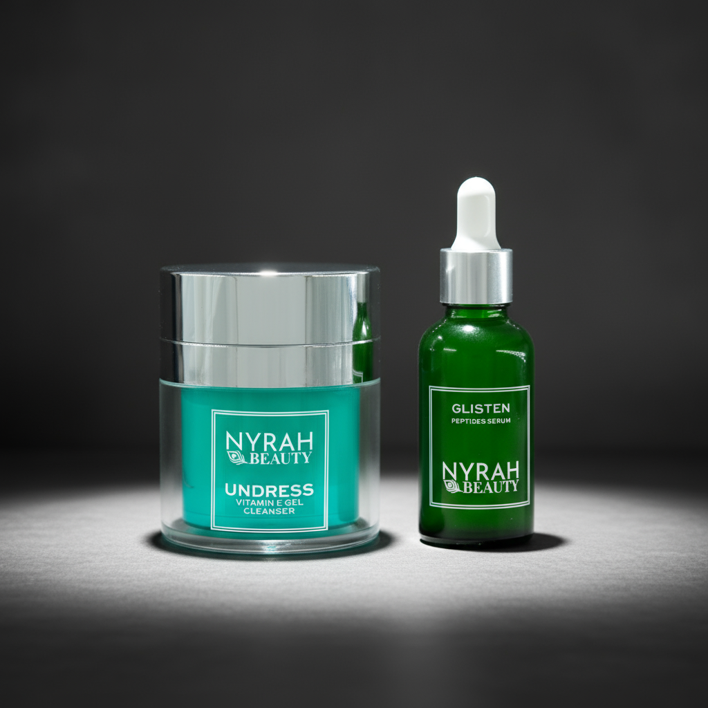 Nyrah Beauty skincare products including a jar and a GREEN dropper bottle on a dark background