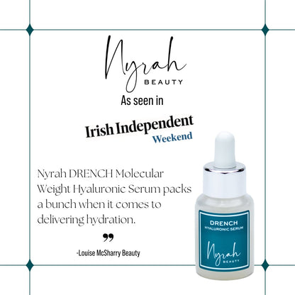 NYRAH BEAUTY MEDIA MENTIONS DRENCH HA SERUM IMAGE WITH TEXT FROM IRISH INDEPDENENT
