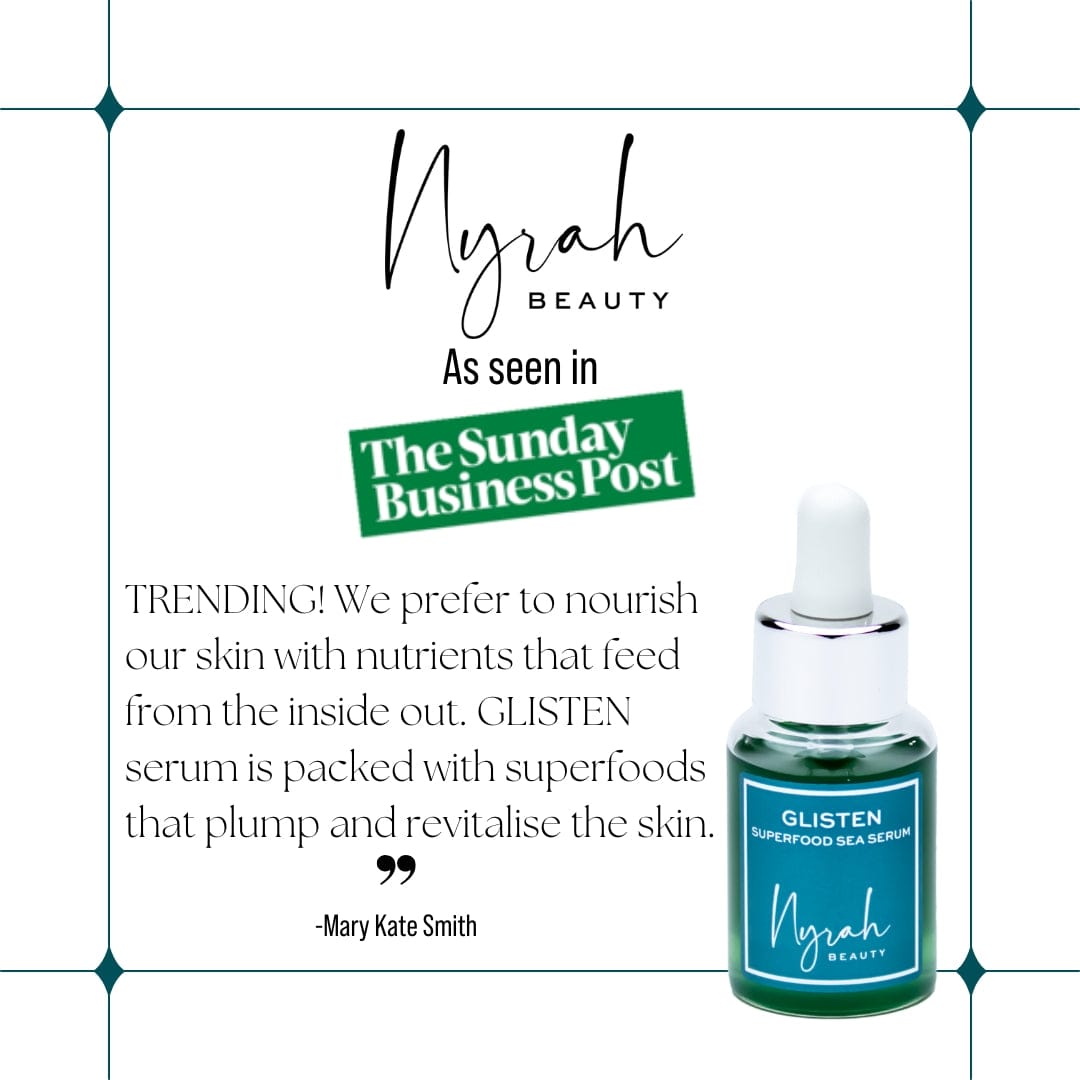 NYRAH BEAUTY MEDIA MENTIONS GLISTEN PEPTIDE SERUM DROPPER BOTTLE IMAGE WITH TEXT FROM THE SUNDAY BUSINESS POST