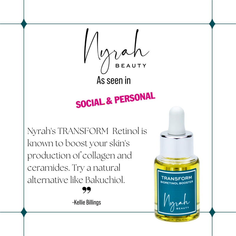 NYRAH BEAUTY MEDIA bio Retinol + Bakuchiol Serum DROPPER BOTTLE 30ML IMAGE WITH TEXT SOCIAL & PERSONAL